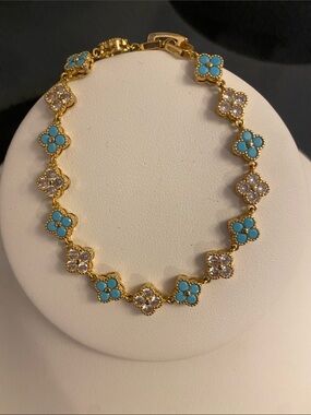 Gold Filled Bracelet with Turquoise and White Clover Accents